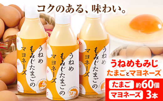 うねめもみじたまごとマヨネーズセット たまご約60個 マヨネーズ3本(250g/本) 采女ファーム 《45日以内に出荷予定(土日祝除く)》岡山県 笠岡市 たまご 卵 鶏卵 マヨネーズ セット TKG 送料無料