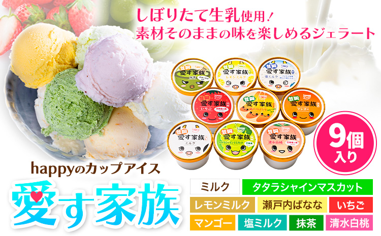 愛す家族 カップアイス 9個入り 笠岡ジェラート 工房ハッピーのカップアイス ハッピー＆甲和株式会社 ジェラート アイス ミルク たたらシャインマスカット 清水白桃 いちご  瀬戸内バナナ マンゴー 岡山県 笠岡市