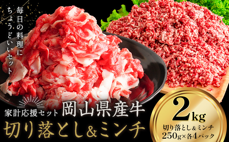 牛肉 国産 切り落とし ミンチ セット 家計応援 岡山県産牛 2kg (切り落とし1kg・ミンチ1kg) 1パック250g《60日以内に出荷予定(土日祝除く)》岡山県 笠岡市 肉 ひき肉 グルメ お取り寄せグルメ