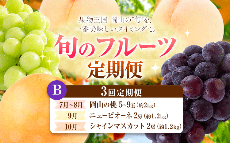 【定期便】旬のフルーツ定期便 岡山のﾌﾙｰﾂ 定期便 Bコース 3回定期便 岡山県産 桃 シャインマスカット ニューピオーネ 梨 《7月上旬-10月末頃出荷》岡山県 笠岡市 フルーツ 旬 果物 ぶどう 梨 マスカット お取り寄せ