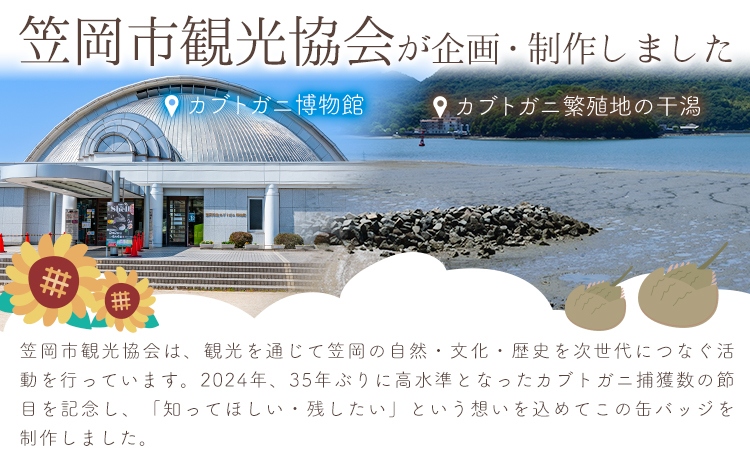 オリジナルカブトガニデザイン缶バッジ 4個セット 笠岡市観光協会《30日以内に出荷予定(土日祝除く)》岡山県 笠岡市 缶バッジ バッジ カブトガニ イラスト 記念缶バッジ 4個 (3種固定 1種カラーランダム)