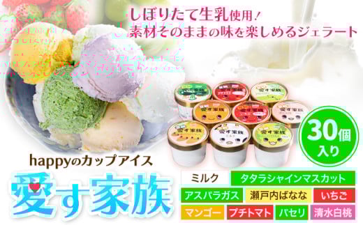 愛す家族 カップアイス 30個入り 選べるフレーバー 笠岡ジェラート 工房ハッピーのカップアイス ハッピー＆甲和株式会社 ジェラート アイス ミルク たたらシャインマスカット 清水白桃 いちご アスパラガス プチトマト 瀬戸内バナナ マンゴー パセリ 岡山県 笠岡市