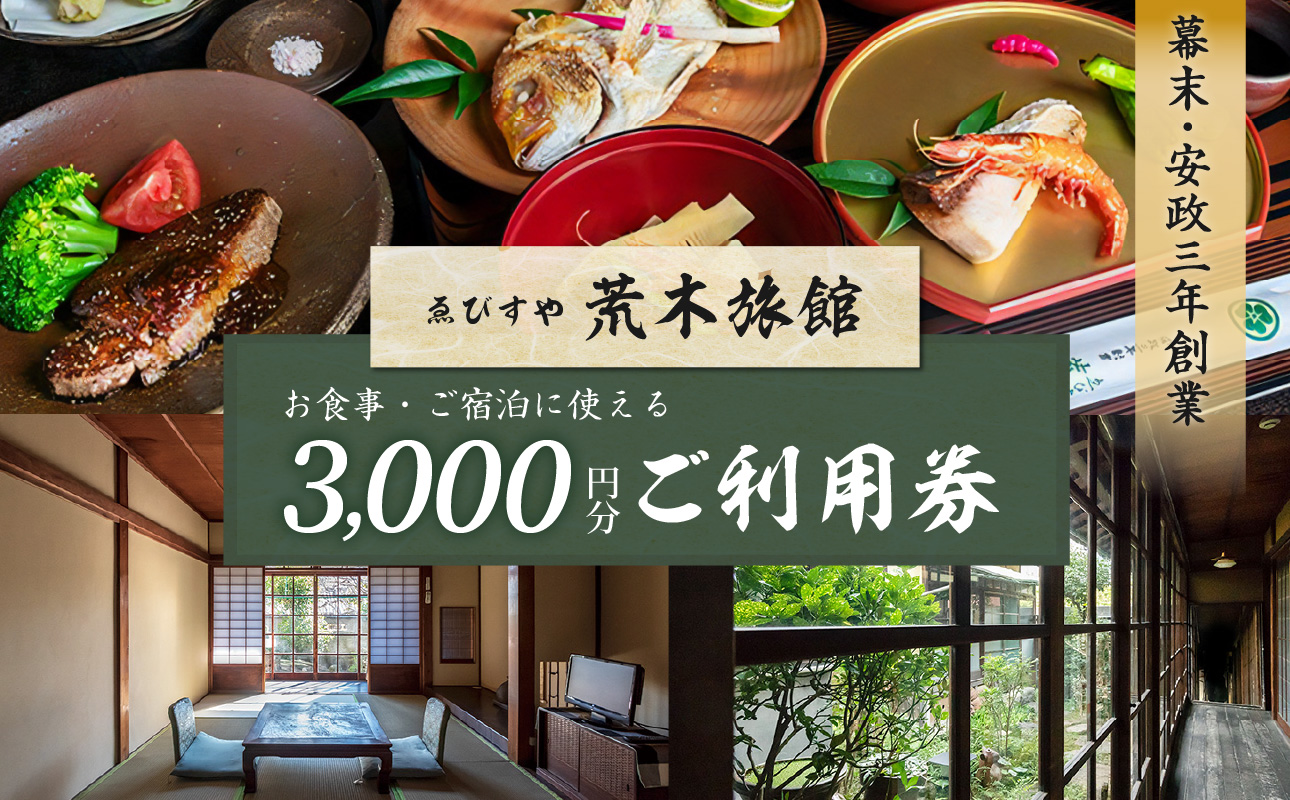チケット 3,000円分 【創業安政3年】 ゑびすや荒木旅館 利用券