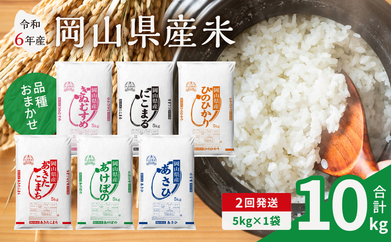 【2ヶ月定期便】【令和6年産米】岡山県産米 5kg (5kg×1袋) × 2回　計10kg 【定期便 お米 ランダム 配送 ヒノヒカリ にこまる 朝日 アケボノ あきたこまち 令和6年産 米 精米】