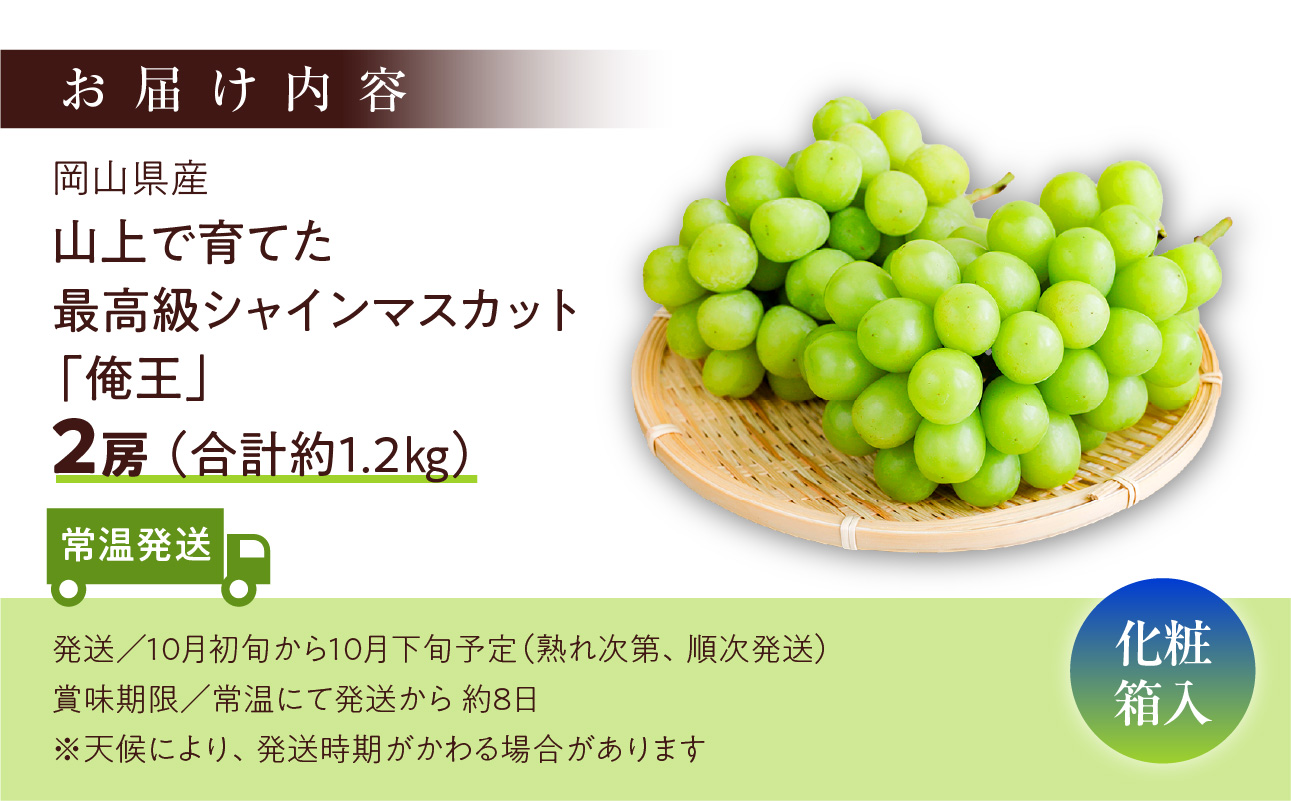 【2025年発送】山上で育てた最高級シャインマスカット「俺王」2房入り（令和７年１０月初旬～１０月下旬発送予定）【 フルーツ 俺王 シャインマスカット 岡山県産 晴れの国おかやま 】