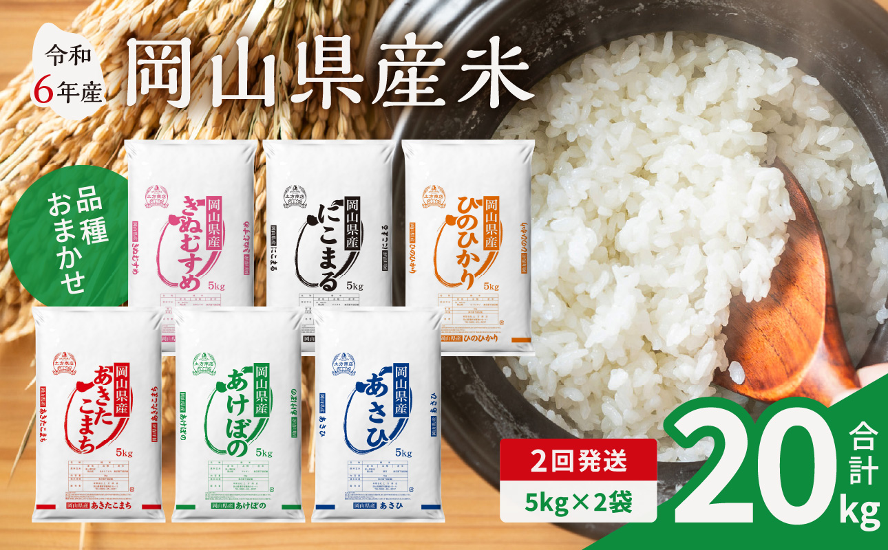 【2ヶ月定期便】【令和6年産米】岡山県産米 10kg (5kg×2袋) × 2回　計20kg 【定期便 お米 ランダム 配送 ヒノヒカリ にこまる 朝日 アケボノ あきたこまち 令和6年産 米 精米】