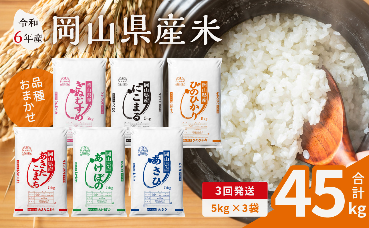 【3ヶ月定期便】【令和6年産米】岡山県産米 15kg (5kg×3袋) × 3回　計45kg 【定期便 お米 ランダム 配送 ヒノヒカリ にこまる 朝日 アケボノ あきたこまち 令和6年産 米 精米】