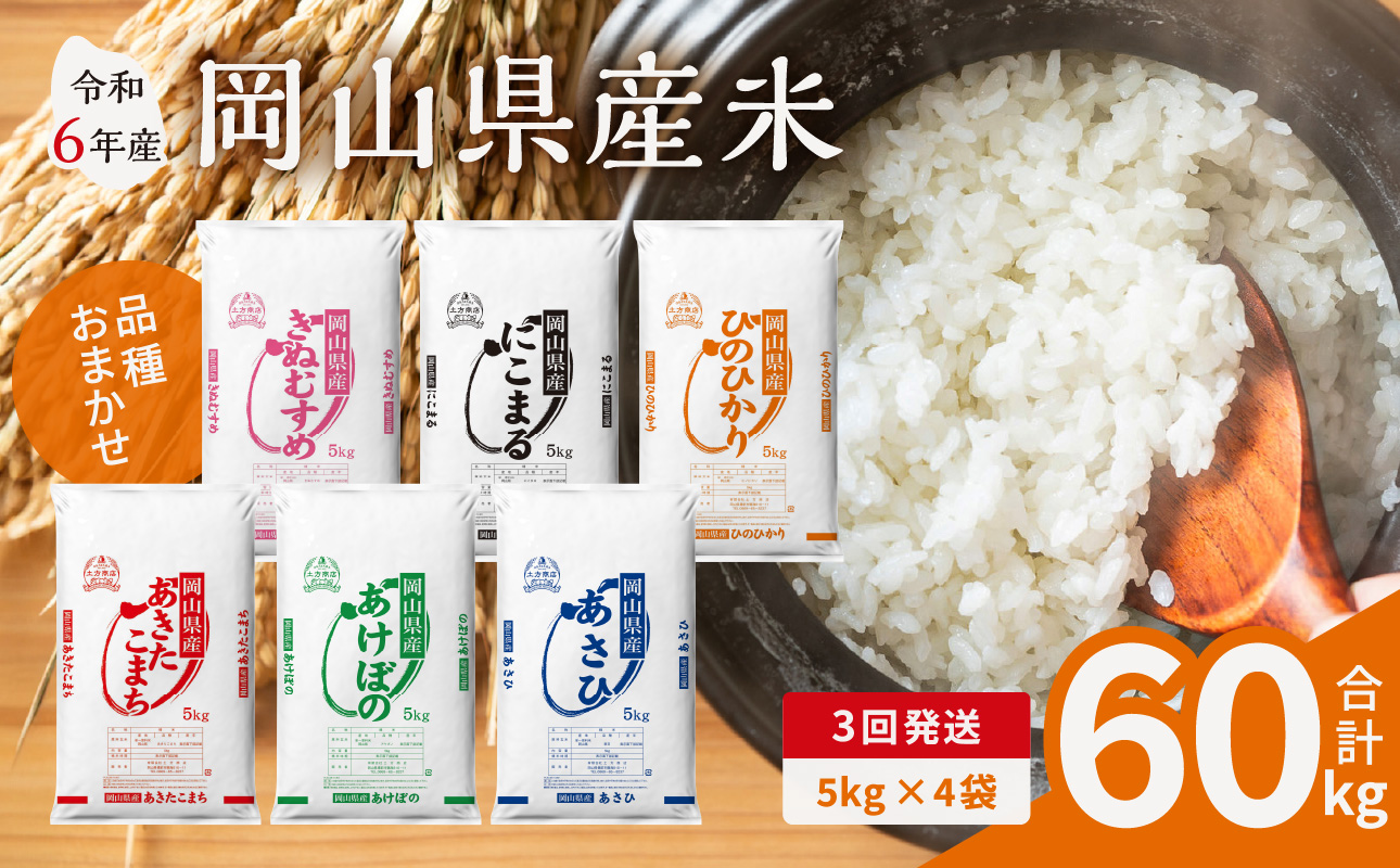 【3ヶ月定期便】【令和6年産米】岡山県産米 20kg (5kg×4袋) × 3回　計60kg 【定期便 お米 ランダム 配送 ヒノヒカリ にこまる 朝日 アケボノ あきたこまち 令和6年産 米 精米】