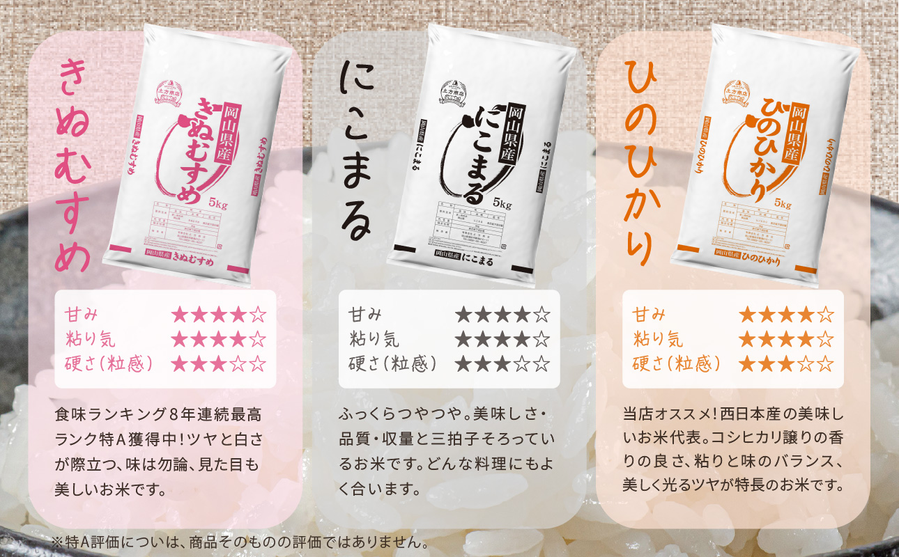 【2ヶ月定期便】【令和6年産米】岡山県産米 15kg (5kg×3袋) × 2回　計30kg 【定期便 お米 ランダム 配送 ヒノヒカリ にこまる 朝日 アケボノ あきたこまち 令和6年産 米 精米】