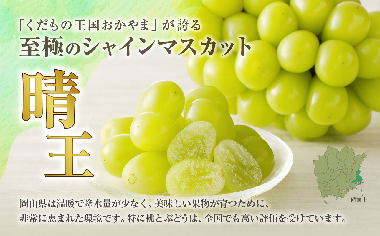 【2026年発送分 先行受付スタート！】岡山県産シャインマスカット「晴王」秀品　約1.5kg（2房）（令和8年8月中旬～11月中旬頃発送）【 シャインマスカット 晴王 フルーツ 果物 くだもの 葡萄 ぶどう 御中元 ギフト プレゼント 御祝 岡山県産 秀品 種無し 高糖度 】hz-s