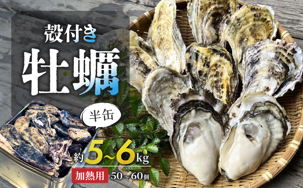 【2026年2月以降発送】殻付き牡蠣(加熱用)　半缶（約5～6kg）【加熱用 ガンガン焼き ナイフ付き 殻付き 海鮮 魚介類 海産物 オイスター】