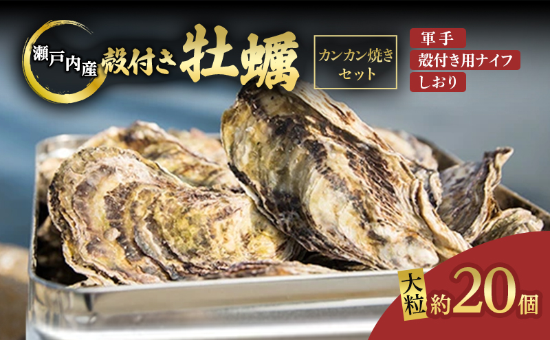 牡蠣 2026年 先行予約 かんかん焼 （ 殻付き 大つぶ牡蠣 20個） 山銀商店 瀬戸内海虫明湾産 大粒 生牡蠣 かき 魚介類 カキ かんかん焼き 軍手 ナイフ付き 加熱調理用