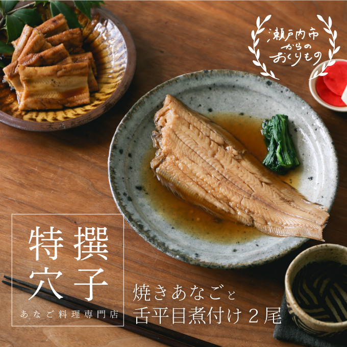 穴子 焼き穴子 240g 舌平目 煮付け 2尾 セット 蒲焼き 小分け 真空パック 厳選 特選 不揃い 小ぶり 魚貝類 魚介類 おかず 和食 魚料理 青島 冷蔵 冷蔵配送 岡山 岡山県 瀬戸内市