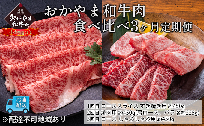 定期便 3ヶ月 おかやま A4等級以上 和牛肉 食べ比べ 毎月 約450g×3回 牛 赤身 肉 牛肉 冷凍 お肉 評価 上質 黒毛和種 とろける 霜降り 美味しい 焼肉 しゃぶしゃぶ
