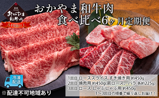 定期便 6ヶ月 おかやま 和牛肉 A4等級以上 食べ比べ 毎月 約450g×6回 牛 赤身 肉 牛肉 冷凍 お肉 評価 上質 黒毛和種 とろける 霜降り 美味しい 焼肉 しゃぶしゃぶ
