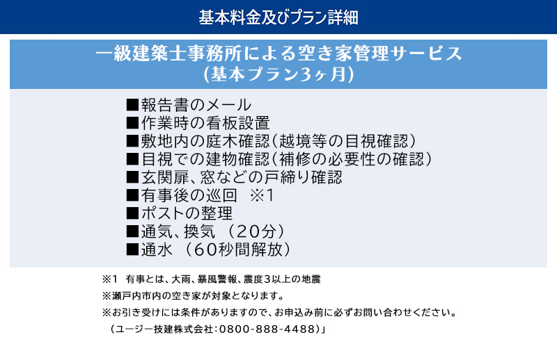 一級建築事務所による 空き家管理 サービス  基本プラン 3ヶ月 空家対策 防犯 防災 