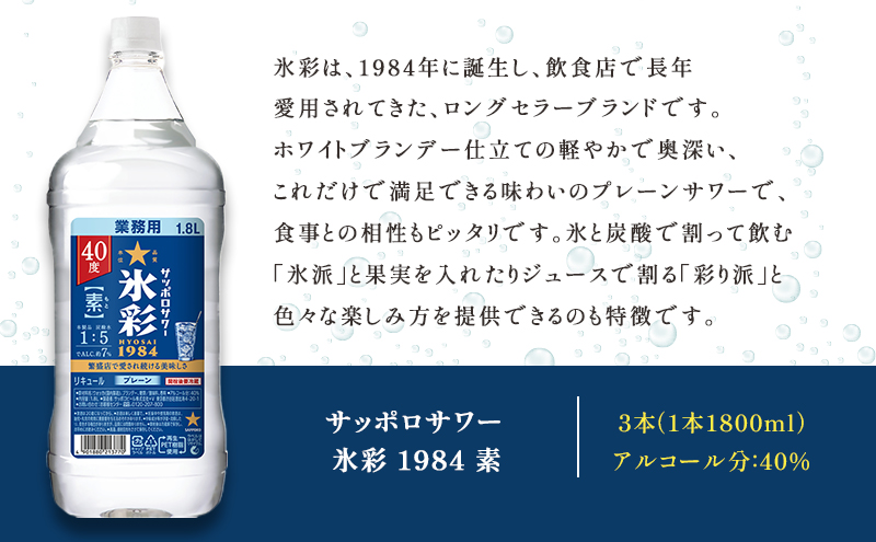サッポロサワー 氷彩1984 素 40度 ペット1.8Ｌ 3本セット サワー 岡山 お酒 洋酒 リキュール類 アルコール