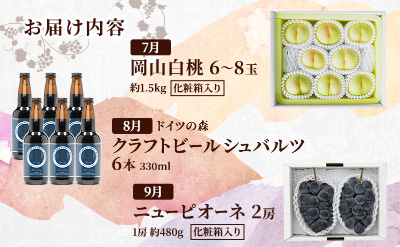定期便 2026年 先行予約 是里ワイナリーの人気商品と岡山の人気果物 満喫 6回コース 桃 白桃 ビール ぶどう ピオーネ シャインマスカット ドイツの森 ソーセージ 梨 赤磐市