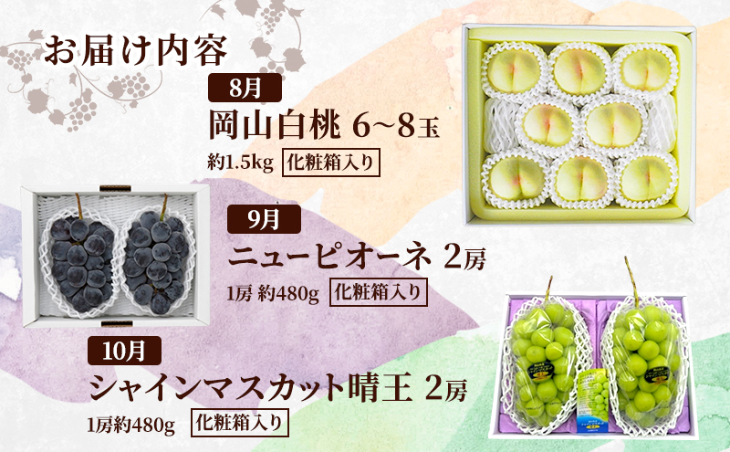定期便 2026年 先行予約 岡山の人気果物 厳選 3回コース 桃 白桃 ぶどう ピオーネ シャインマスカット 晴王 赤磐市