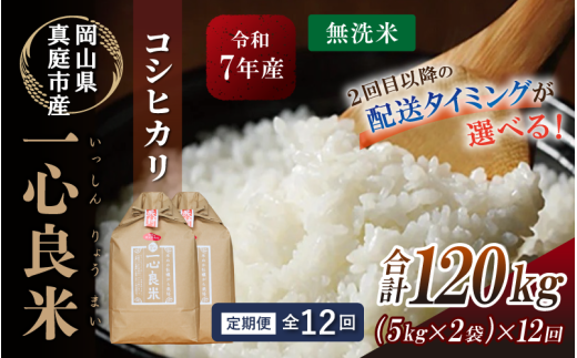 ＜全12回定期便＞ 真庭市産コシヒカリ 米ぬか 牡蠣栽培米 『 一心良米 』 無洗米 10kg (5kg×2袋）×12回 令和7年産 / お米 いっしんりょうまい 岡山県 こしひかり 人気 ブランド 2025年産 【tkns-tkb038-cho】