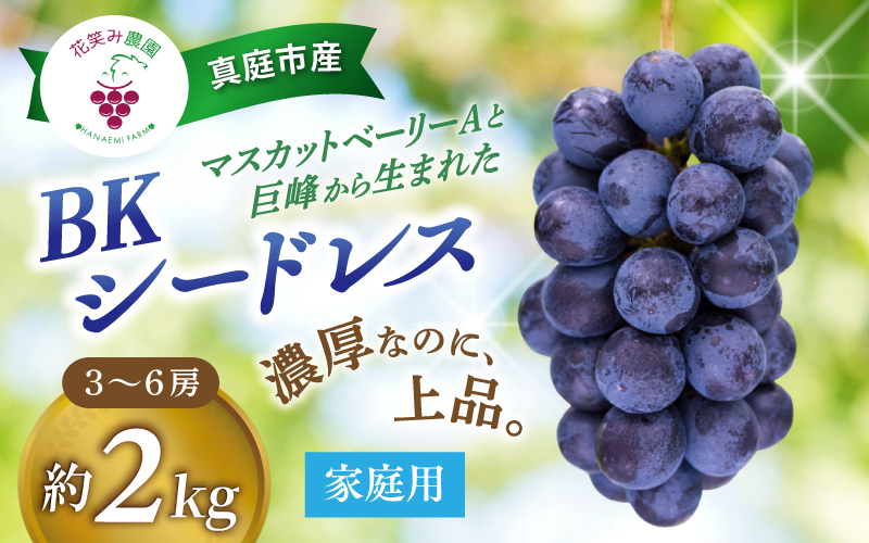 【 2026年 先行予約 】 岡山 BKシードレス 家庭用 2kg（3～6房） 花笑み農園 | ぶどう ブドウ 種無しぶどう 国産 果物 くだもの 葡萄 フルーツ 2キロ 甘い 糖度 高い 岡山県産 産地直送 産直 農家直送 冷蔵 岡山県 真庭市 【hana029-02】