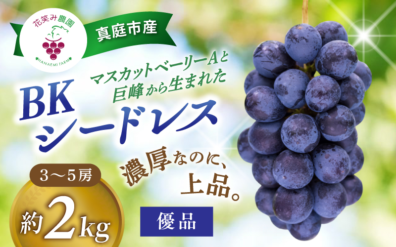 【 2026年 先行予約 】 岡山 BKシードレス 優品 2kg（3～5房） 贈答用 花笑み農園 | ぶどう ブドウ 種無しぶどう 国産 果物 くだもの 葡萄 フルーツ 2キロ 甘い 糖度 高い 岡山県産 産地直送 産直 農家直送 冷蔵 岡山県 真庭市  【hana082-01】