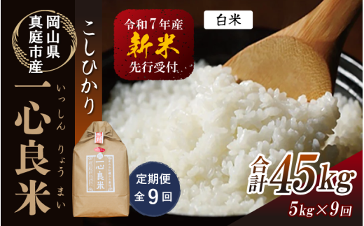 【令和7年産先行予約】＜全９回定期便＞ 真庭市産コシヒカリ 米ぬか 牡蠣栽培米 『 一心良米 』 白米 ５kg×９回（定期便） / お米 いっしんりょうまい 岡山県 真庭市 白米 米 コシヒカリ こしひかり 人気 ブランド米 新米 先行予約 定期便 令和7年産 2025年産 【takenaka005-02-tkb09】