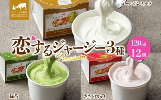 【ジェラート醍醐桜】恋するジャージーPremium3種 （ゴールデンミルク＆緑茶＆さちのか苺）計12個セット / 岡山 真庭 醍醐桜 極上スイーツ 濃厚 プレゼント 贈答 デザート ギフト ジャージー牛 ミルク ジェラート おやつ お茶 いちご 子供から大人まで 冷凍 人気 贅沢 家庭用にも 【nhss040-01】