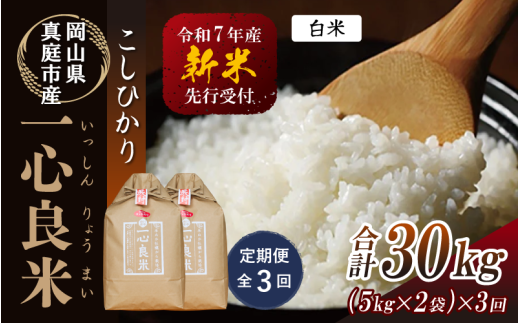 【令和7年産先行予約】＜全３回定期便＞ 真庭市産コシヒカリ 米ぬか 牡蠣栽培米『一心良米』 白米１０kg(5kg×2袋）×３回（定期便） / お米 いっしんりょうまい 岡山県 真庭市 白米 米 コシヒカリ こしひかり 人気 ブランド米 新米 先行予約 定期便 令和7年産 2025年産 【takenaka006-02-tkb03】
