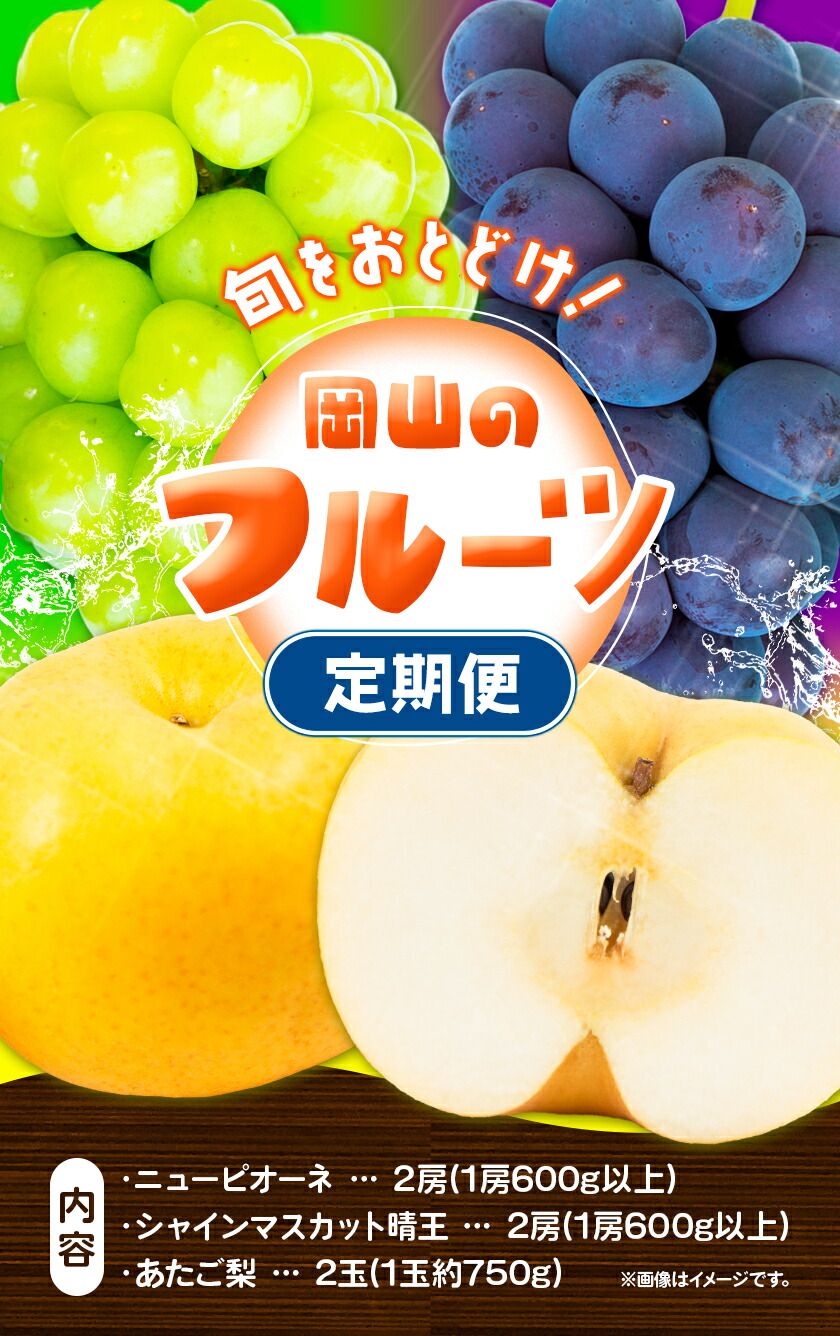 【2025年先行予約】定期便3回コース 岡山のフルーツ ニューピオーネ 2房 シャインマスカット 晴王 2房 あたご梨 2玉 (1玉約750g) 化粧箱入り 株式会社山博(中本青果) 《2025年9月上旬-11月下旬頃出荷》 岡山県 浅口市 果物 送料無料 【配送不可地域あり】（北海道・沖縄・離島）