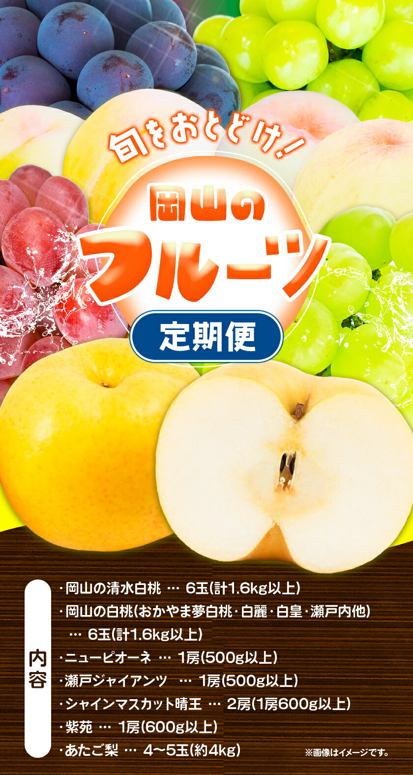 【2025年先行予約】定期便6回コース 岡山のフルーツ 清水白桃 6玉 岡山の白桃 6玉 ニューピオーネ 1房 瀬戸ジャイアンツ 1房 シャインマスカット 晴王 2房 紫苑 1房 あたご梨 4~5玉 株式会社山博(中本青果) 《2025年7月上旬-12月下旬頃出荷》岡山県 浅口市 【配送不可地域あり】（北海道・沖縄・離島）