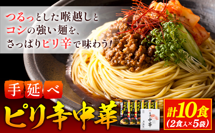 手延べピリ辛中華 タレ付き 1袋300g ( 麺 180g スープ 60g×2 ) 2食入 × 5袋 計10食 奥島屋 株式会社奥島創麺巧房《30日以内に出荷予定(土日祝除く)》岡山県 浅口市 送料無料 中華麺 冷やし中華 冷麺 細麺 豆板醤 ゴマ油