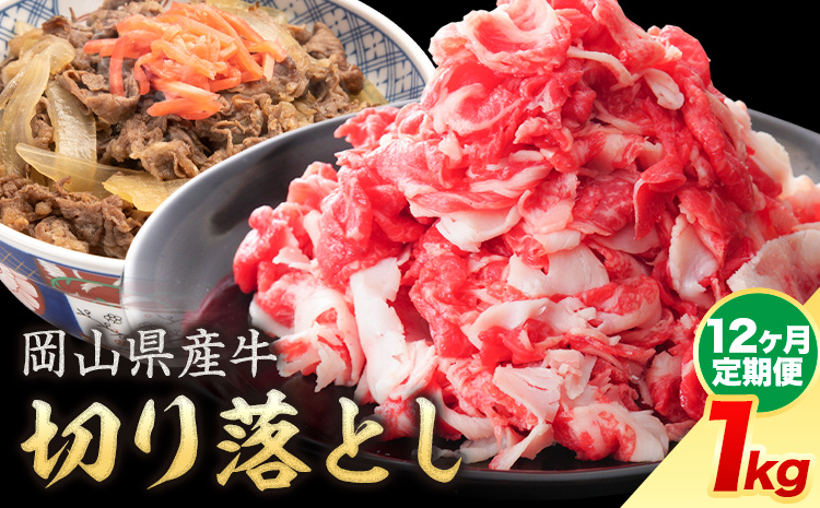 【12ヶ月定期便】岡山県産牛 切り落とし 交雑牛 1kg お試し 大容量《お申込み月の翌月から出荷開始》 岡山県 矢掛町 肉 送料無料