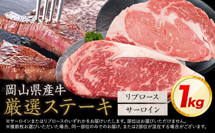 岡山県産牛 ステーキ サーロイン or リブ 交雑牛 1kg  お試し 大容量《60日以内に出荷予定(土日祝除く)》 岡山県 矢掛町 肉 ステーキ 高級部位 希少部位 グルメ お取り寄せグルメ
