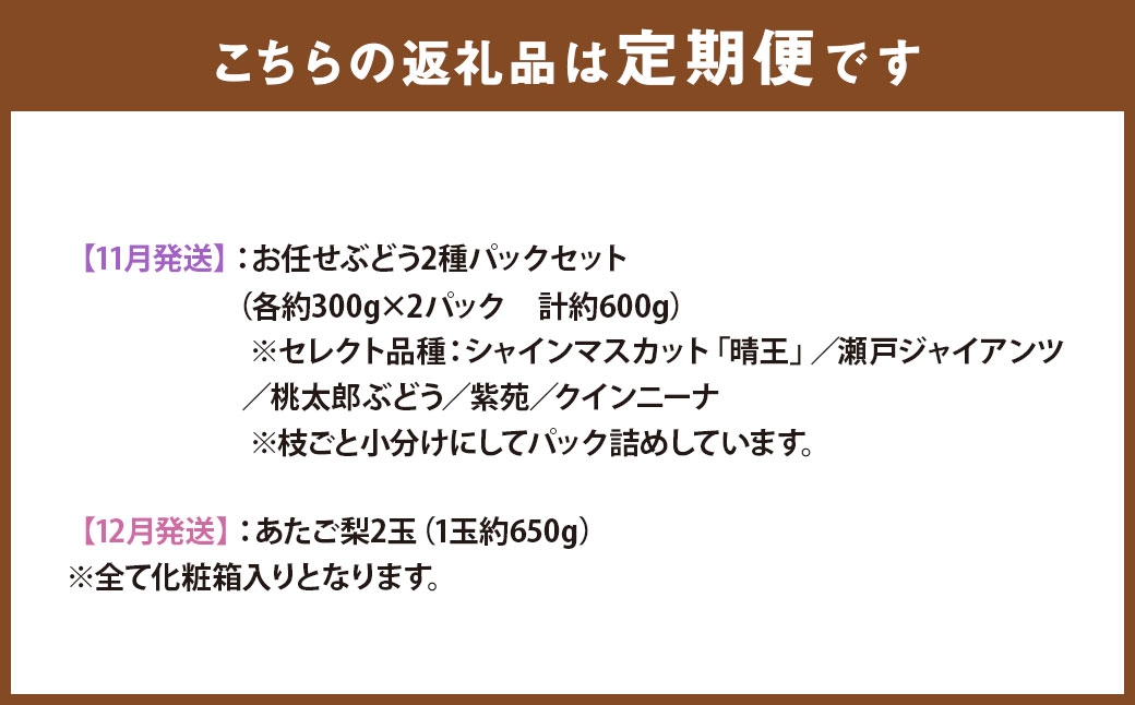 【全6回定期便】 岡山県産 フルーツ定期便 ＜お一人様向け＞ 【2026年7月上旬～12月下旬迄発送予定】 白桃 ピオーネ シャインマスカット あたご梨 瀬戸内 果物 くだもの 果実 フルーツ ぶどう もも ブドウ モモ 葡萄 桃 岡山白桃 ニューピオーネ 晴王 食べ比べ 瀬戸ジャイアンツ 桃太郎ぶどう 紫苑 クインニーナ なし ナシ 梨 化粧箱 贈り物 ギフト プレゼント 定期 定期便