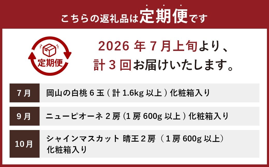 【3回定期便】岡山県産 フルーツ定期便コース （白桃 ・ ニューピオーネ ・ 晴王） 【2026年7月上旬発送開始】 ／ 3回 桃 もも 葡萄 ぶどう シャインマスカット マスカット 果物 果実 フルーツ 旬 定期便 岡山県 美咲町 冷蔵