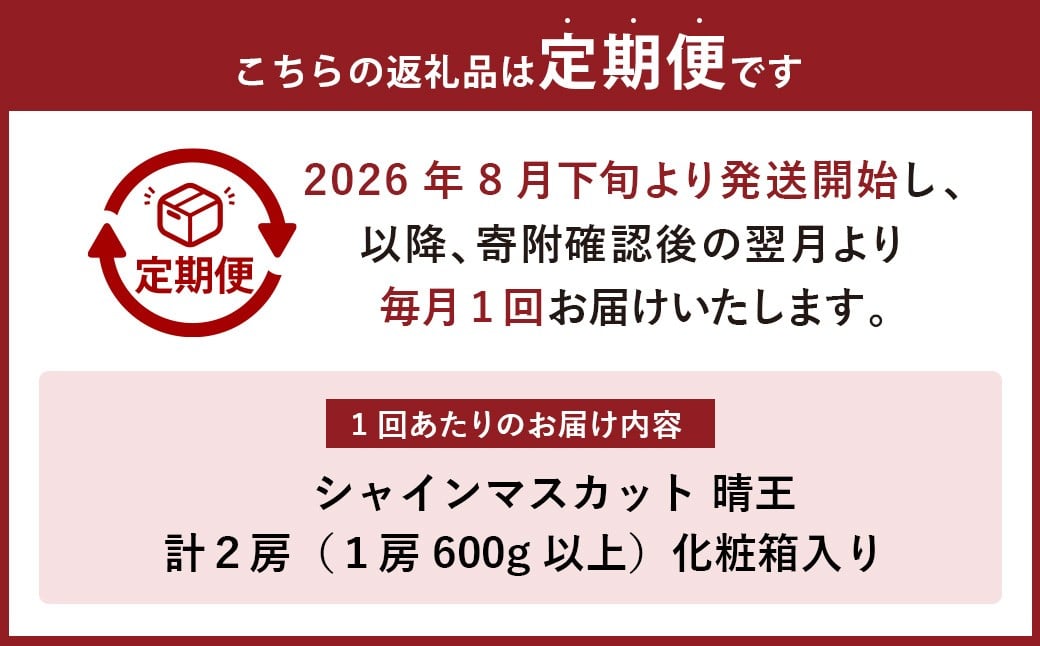 【3回定期便】岡山県産 シャインマスカット 晴王 計2房 （1房600g以上） 【2026年8月下旬発送開始】 ／ 3回 マスカット 葡萄 ぶどう 果物 果実 フルーツ 定期便 岡山県 美咲町 冷蔵