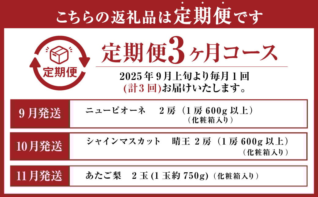【3回定期便】岡山県産 フルーツ定期便コース （ニューピオーネ ・ 晴王 ・ あたご梨） 【2025年9月上旬発送開始】 ／ 3回 葡萄 ぶどう シャインマスカット マスカット 梨 なし 果物 果実 フルーツ 旬 定期便 岡山県 美咲町 冷蔵 常温
