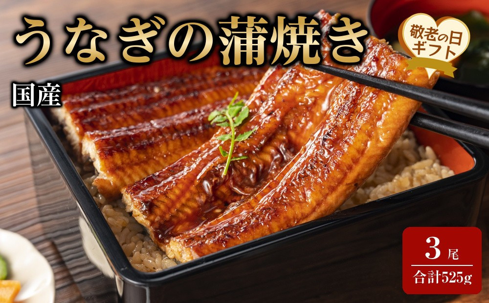 【敬老の日】国産うなぎの蒲焼き 3尾（合計525g）