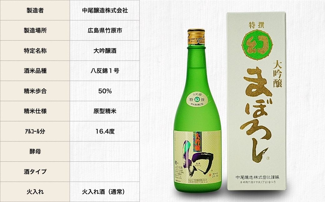 【2025年12月21日までのご入金で年内配送】幻 大吟醸 白箱720ml×1本【 日本酒 お酒 冷酒 贈り物 まぼろし りんご酵母 大吟醸酒 中尾醸造 広島県 竹原市】※北海道 沖縄・離島への配送不可
