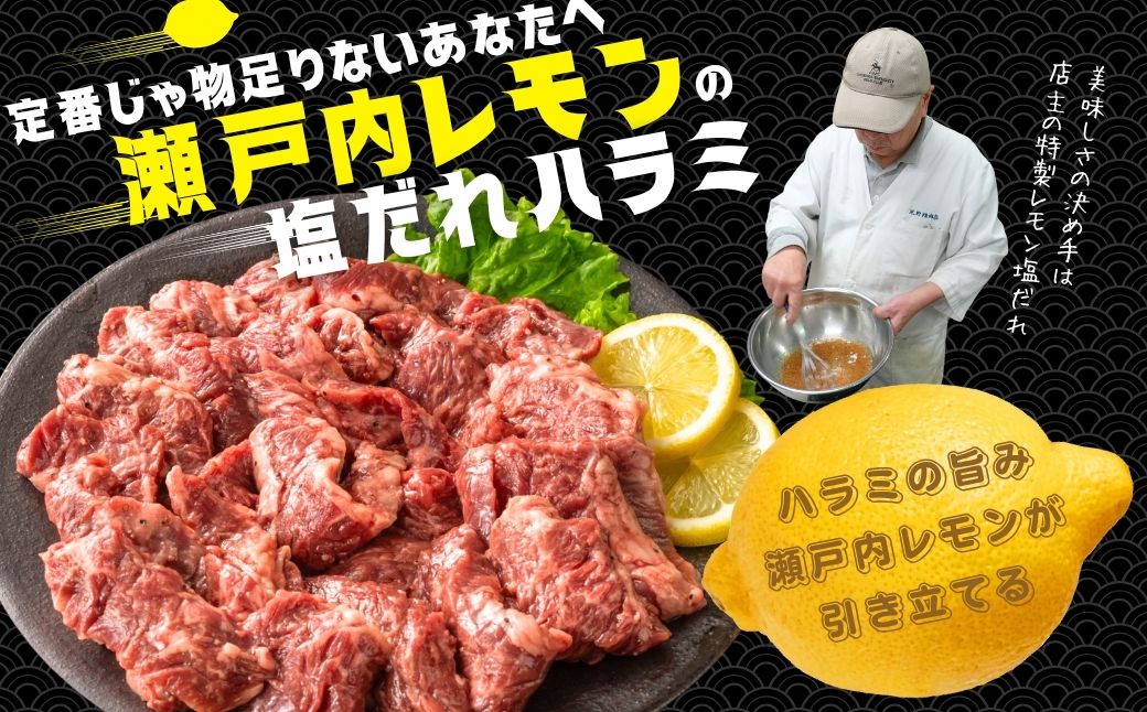 【瀬戸内レモン塩だれ】牛ハラミ 900g(300g×3パック) 尾野精肉店の牛ハラミ【肉 訳あり 小分け 真空パック 冷凍 牛肉 ハラミ 味付き 焼肉 BBQ 広島県 竹原市