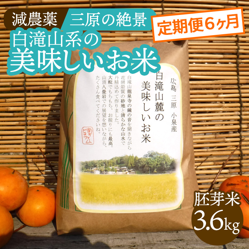 【6か月定期便】≪減農薬≫ 三原の絶景白滝山系の美味しいお米3.6kg（胚芽米）新米 002028