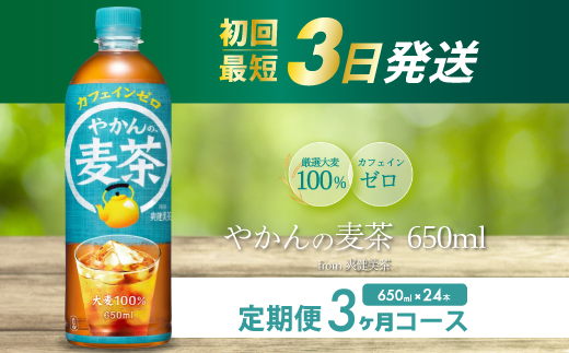 【3か月定期便】やかんの麦茶 from 爽健美茶 PET 650ml×24本(1ケース) 最短3日で発送 ペットボトル お茶 むぎ茶 飲料 カフェインゼロ 箱買い まとめ買い 防災 備蓄  014007