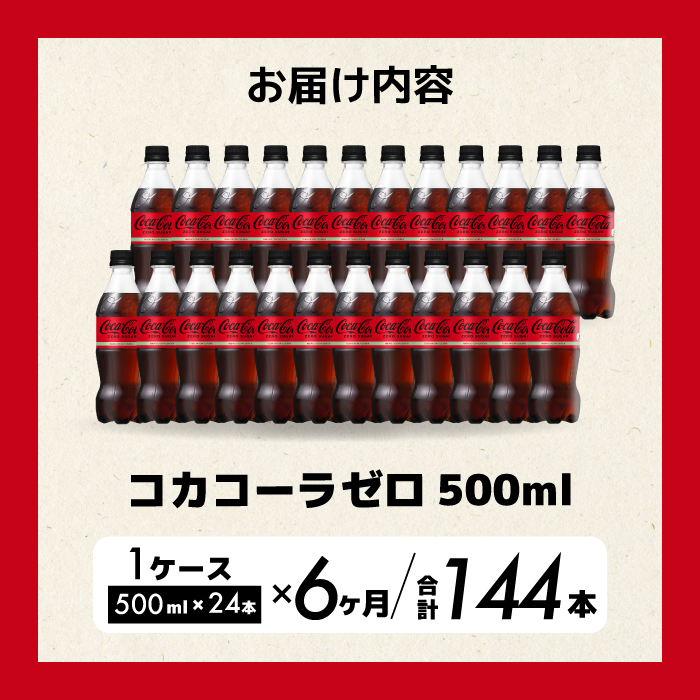 【6か月定期便】コカ・コーラゼロ 500ml 24本 炭酸飲料 ペットボトル 糖質ゼロ コーク コーラ 飲料 ソフトドリンク 広島県 三原市 014073