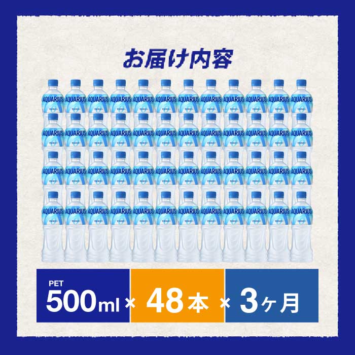 【3か月定期便】アクエリアスゼロ PET 500ml×48本(2ケース) 最短3日で発送 スポーツドリンク スポーツ飲料 清涼飲料水 水分補給 カロリーゼロ ペットボトル 箱買い まとめ買い 備蓄　災害用  014114