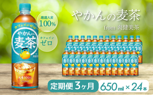 【3か月定期便】やかんの麦茶 from 爽健美茶 PET 650ml×24本(1ケース)  ペットボトル お茶 むぎ茶 飲料 カフェインゼロ 箱買い まとめ買い 防災 備蓄  014007