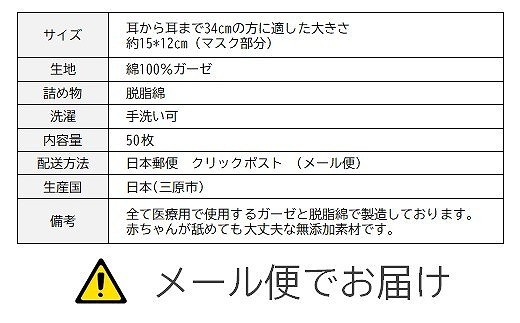 マスク 医療用ガーゼと脱脂綿で製造 50枚セット【一般用ブルー】　016134