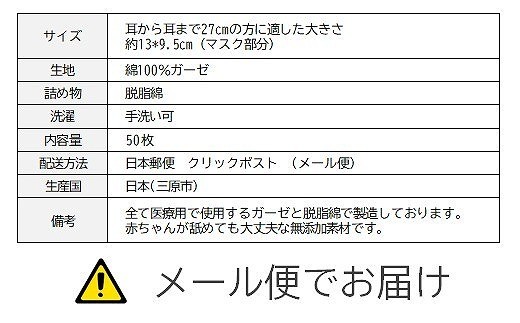 マスク 医療用ガーゼと脱脂綿で製造 50枚セット 子供用【デニム】016135