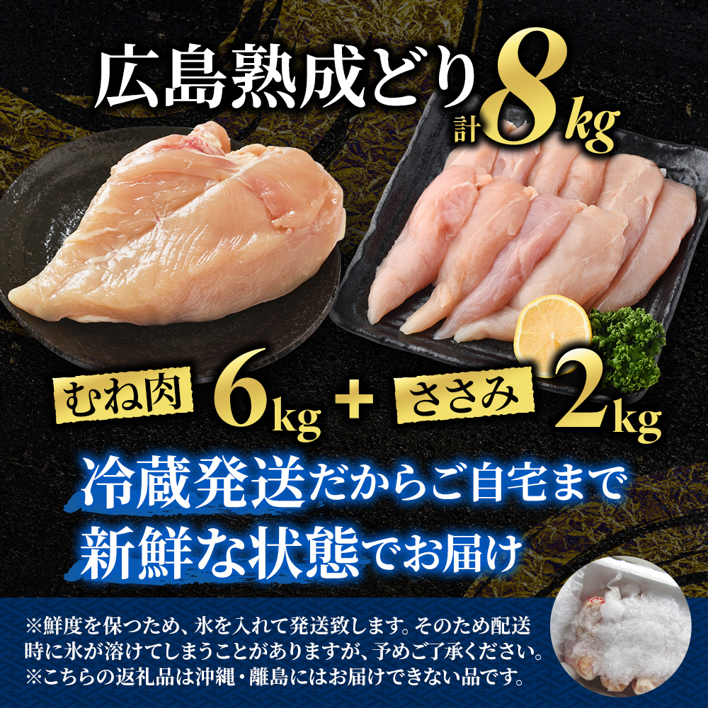 鶏肉 セット 広島熟成どり 8kg ( むね肉 6kg ・ ささみ 2kg )【配達不可：沖縄・離島】