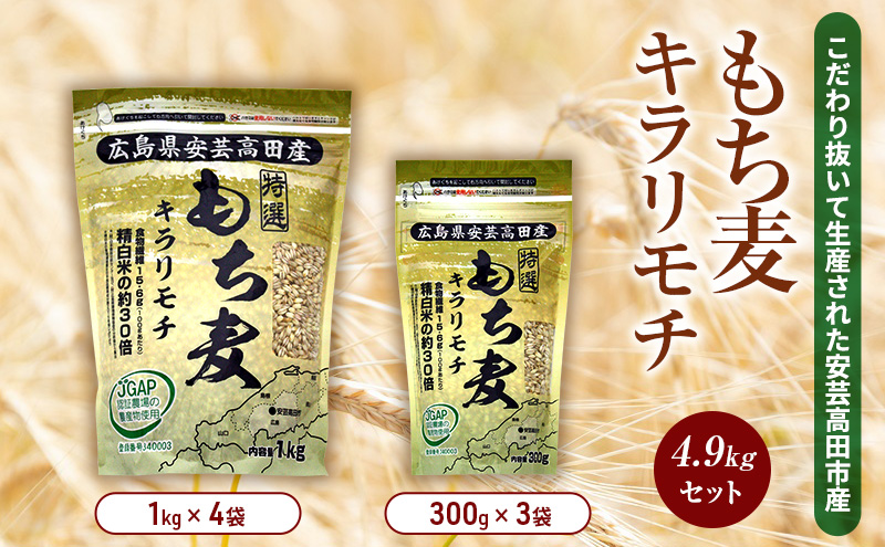 もち麦 国産 キラリモチ 特選もち麦 4.9kgセット 広島県安芸高田産 お米 安心 安全 JGAP 炊飯 変色 食物繊維 大粒 栄養価 ぷりぷり 大麦